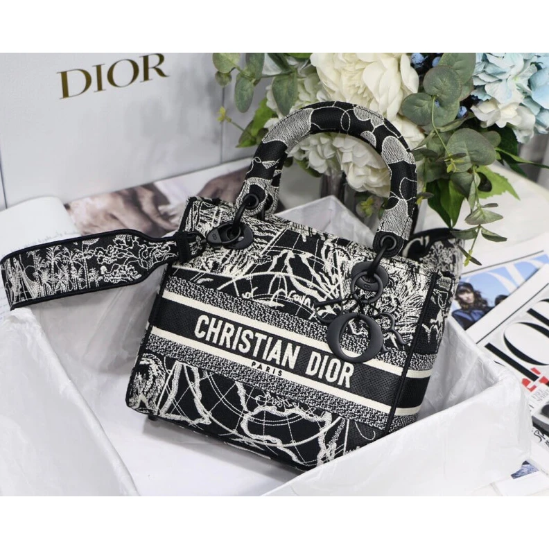 Replica valentino bags 24 x 20 x Christian Dior Medium Lady D-Lite Bag Black and White Around the World Embroidery