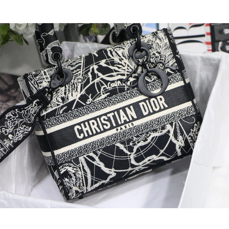 Replica valentino bags 24 x 20 x Christian Dior Medium Lady D-Lite Bag Black and White Around the World Embroidery