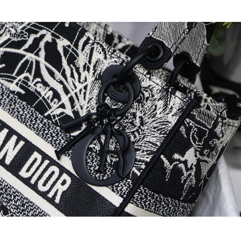 Replica valentino bags 24 x 20 x Christian Dior Medium Lady D-Lite Bag Black and White Around the World Embroidery