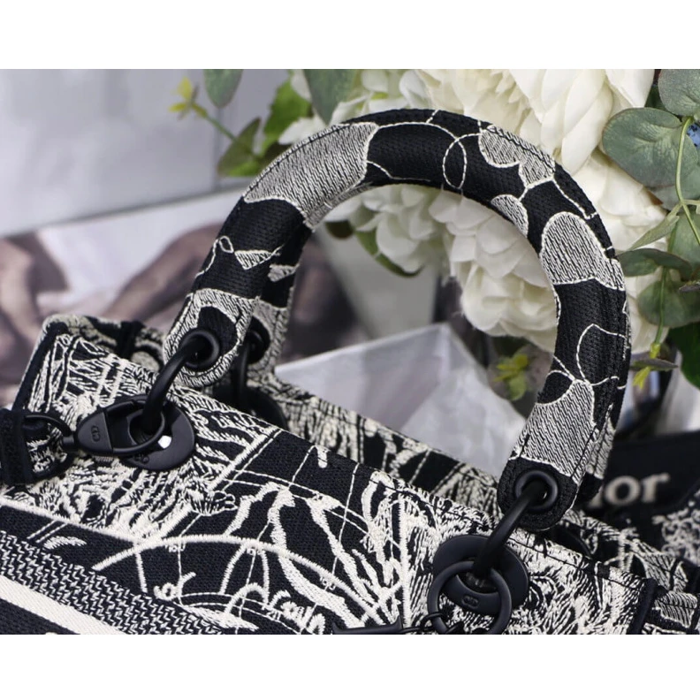 Replica valentino bags 24 x 20 x Christian Dior Medium Lady D-Lite Bag Black and White Around the World Embroidery