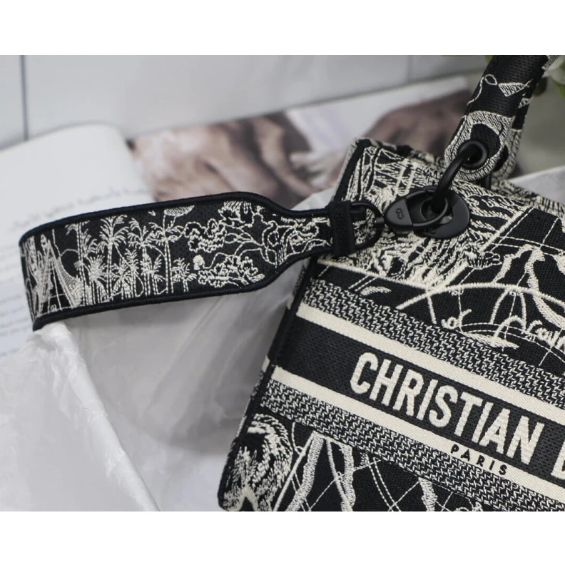 Replica valentino bags 24 x 20 x Christian Dior Medium Lady D-Lite Bag Black and White Around the World Embroidery