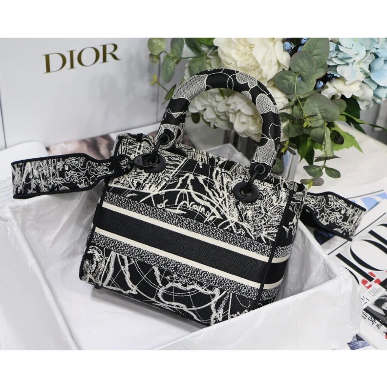 Replica valentino bags 24 x 20 x Christian Dior Medium Lady D-Lite Bag Black and White Around the World Embroidery