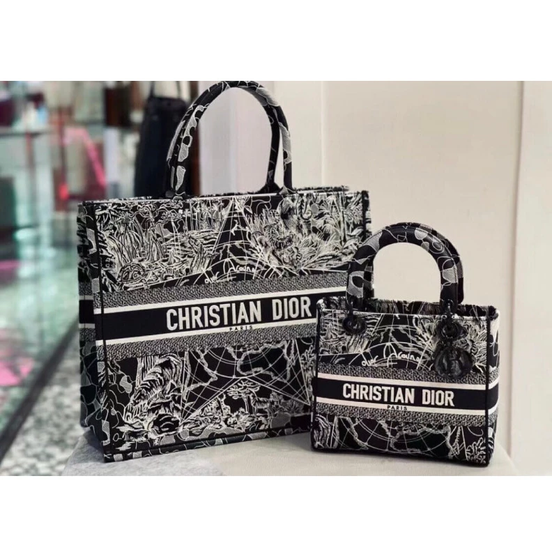 Replica valentino bags 24 x 20 x Christian Dior Medium Lady D-Lite Bag Black and White Around the World Embroidery