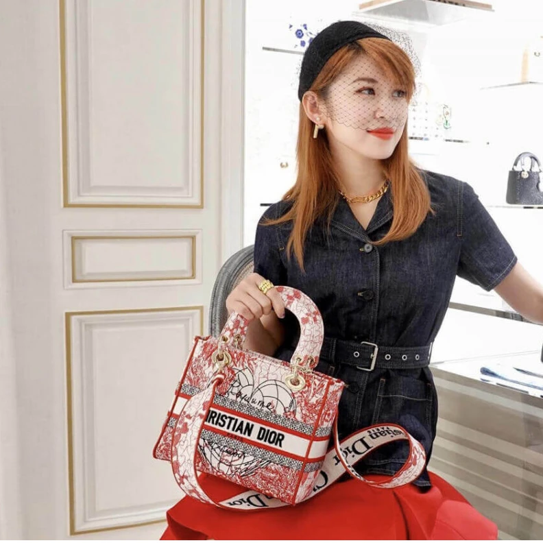 Replica bags lv 24 x 20 x Christian Dior Medium Lady D-Lite Bag Red and White D-Royaume d'Amour Embroidery