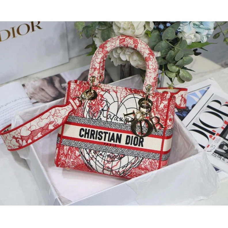 Replica bags lv 24 x 20 x Christian Dior Medium Lady D-Lite Bag Red and White D-Royaume d'Amour Embroidery