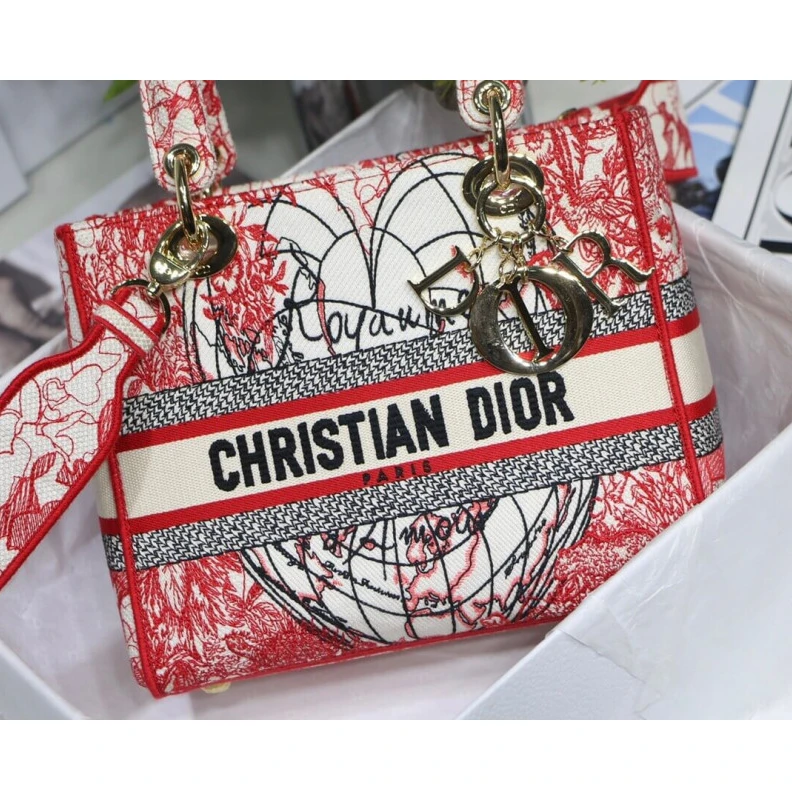 Replica bags lv 24 x 20 x Christian Dior Medium Lady D-Lite Bag Red and White D-Royaume d'Amour Embroidery