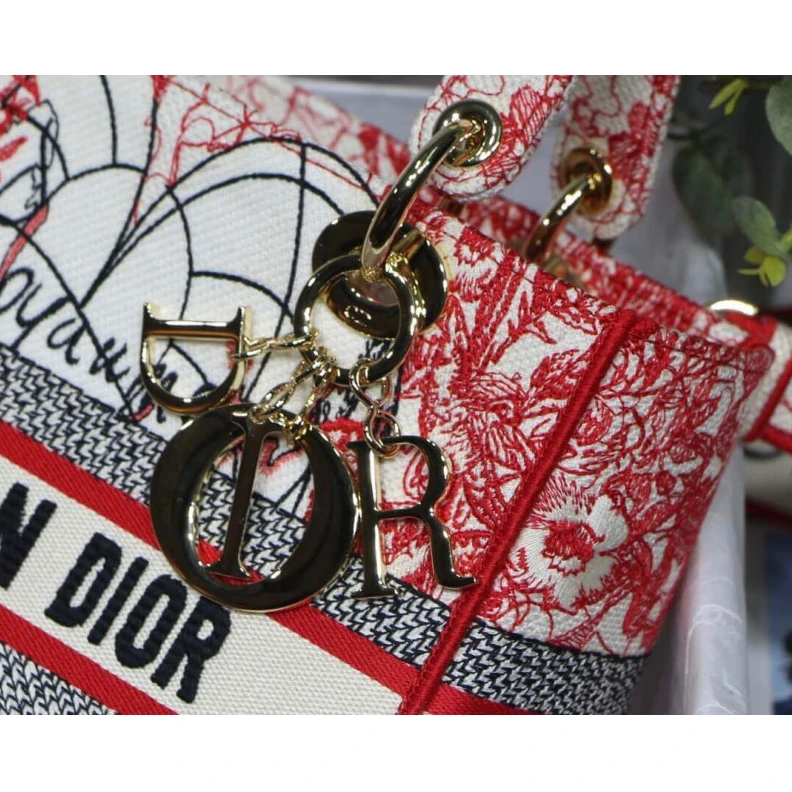 Replica bags lv 24 x 20 x Christian Dior Medium Lady D-Lite Bag Red and White D-Royaume d'Amour Embroidery