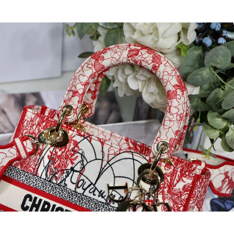 Replica bags lv 24 x 20 x Christian Dior Medium Lady D-Lite Bag Red and White D-Royaume d'Amour Embroidery