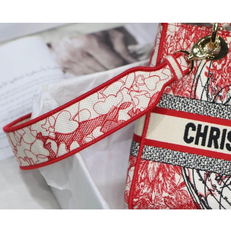 Replica bags lv 24 x 20 x Christian Dior Medium Lady D-Lite Bag Red and White D-Royaume d'Amour Embroidery