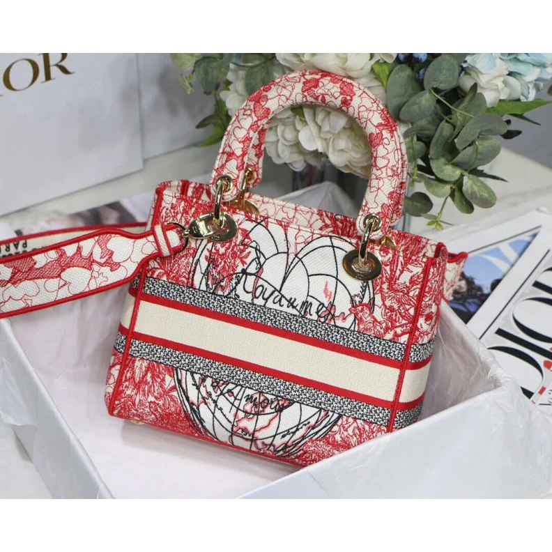 Replica bags lv 24 x 20 x Christian Dior Medium Lady D-Lite Bag Red and White D-Royaume d'Amour Embroidery