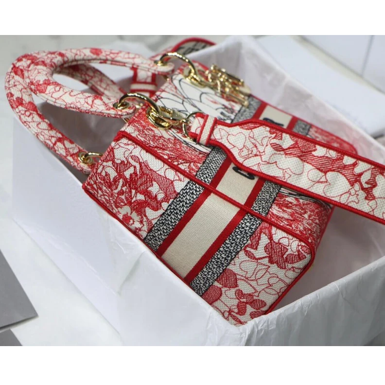 Replica bags lv 24 x 20 x Christian Dior Medium Lady D-Lite Bag Red and White D-Royaume d'Amour Embroidery