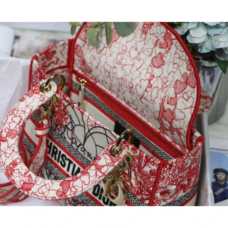 Replica bags lv 24 x 20 x Christian Dior Medium Lady D-Lite Bag Red and White D-Royaume d'Amour Embroidery