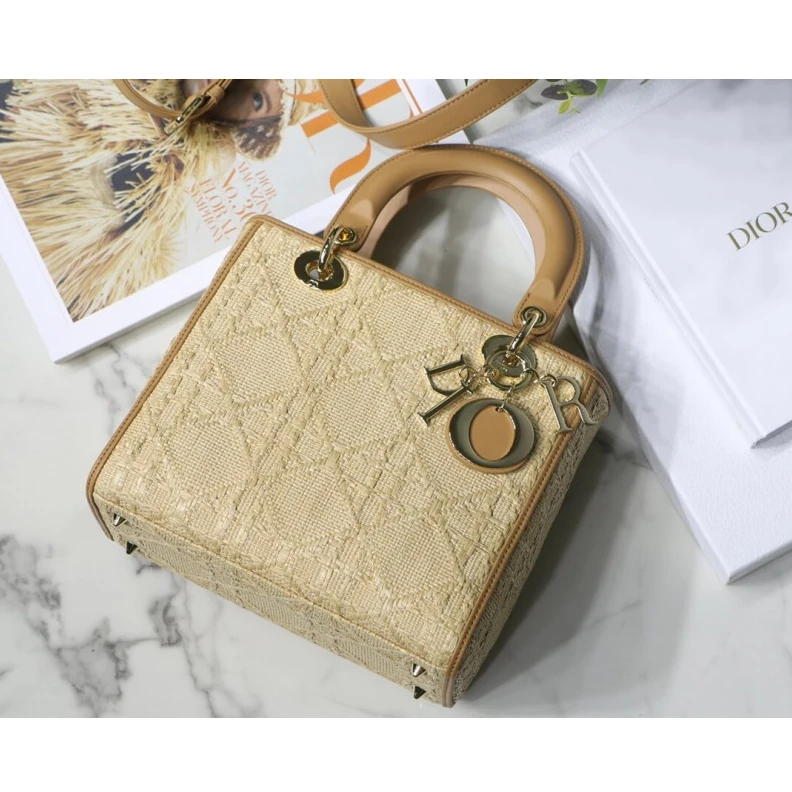 Replica bags Interior Christian Dior Medium Lady Dior Bag in Natural Cannage Raffia