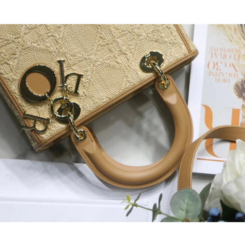 Replica bags Interior Christian Dior Medium Lady Dior Bag in Natural Cannage Raffia