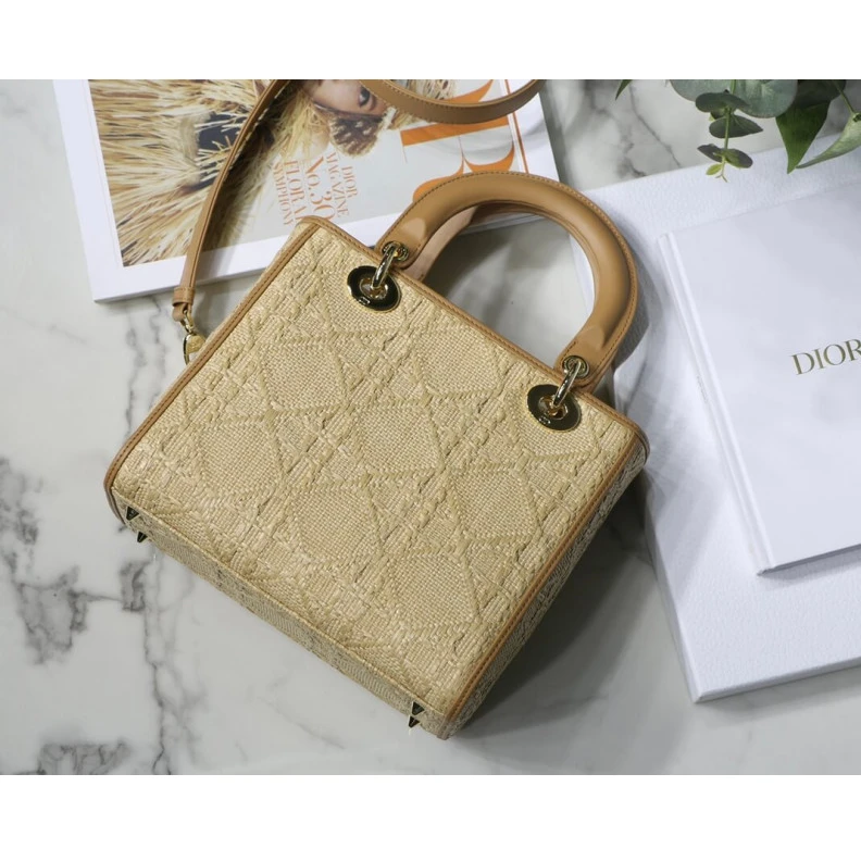 Replica bags Interior Christian Dior Medium Lady Dior Bag in Natural Cannage Raffia