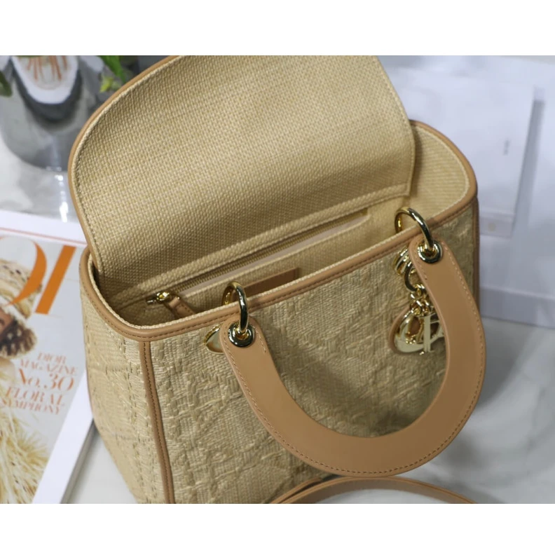 Replica bags Interior Christian Dior Medium Lady Dior Bag in Natural Cannage Raffia