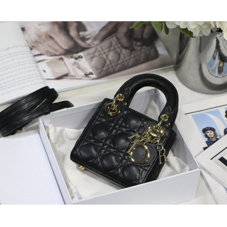 Top lv 'D.I.O.R. Christian Dior Micro Lady Dior Bag Black Cannage Lambskin