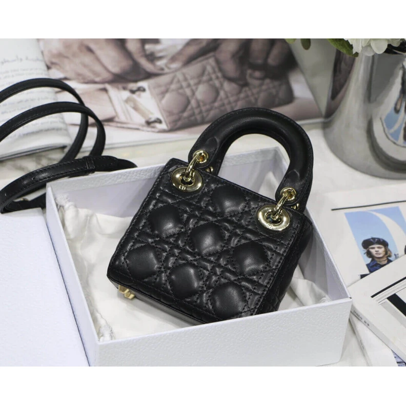 Top lv 'D.I.O.R. Christian Dior Micro Lady Dior Bag Black Cannage Lambskin