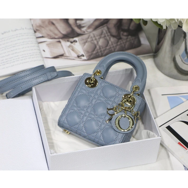 Replica bags 1 interio Christian Dior Micro Lady Dior Bag Cloud Blue Cannage Lambskin