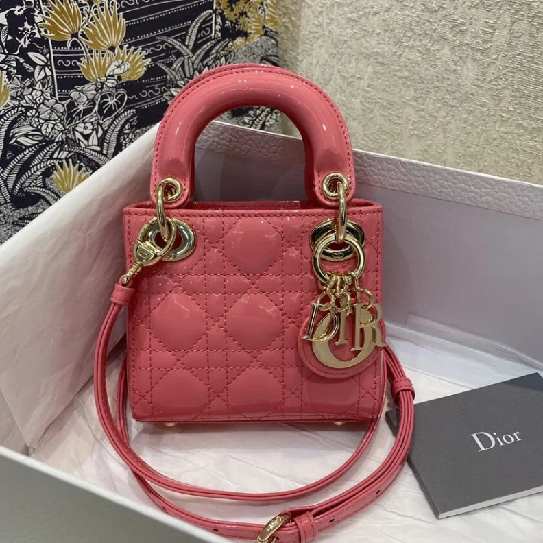 1 interio Christian Dior Micro Lady Dior Bag Pink Patent Cannage Calfskin