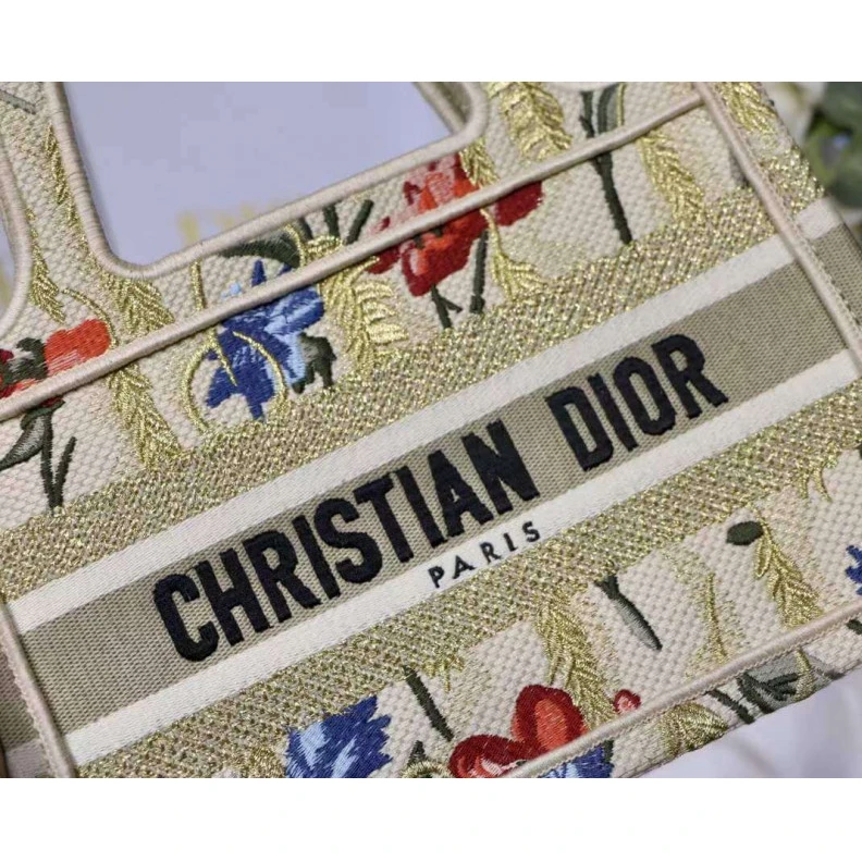 Replica valentino bags 'Christia Christian Dior Mini Book Tote Beige Multicolor Hibiscus Metallic Thread Embroidery