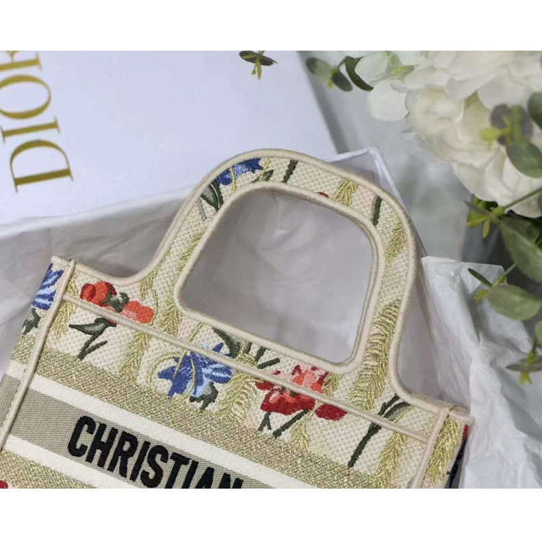 Replica valentino bags 'Christia Christian Dior Mini Book Tote Beige Multicolor Hibiscus Metallic Thread Embroidery