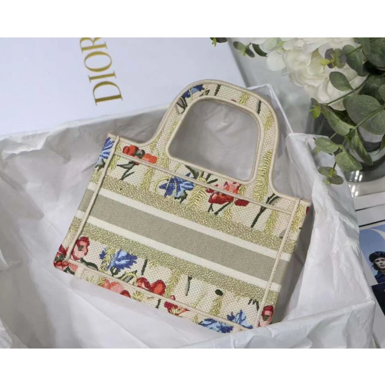 Replica valentino bags 'Christia Christian Dior Mini Book Tote Beige Multicolor Hibiscus Metallic Thread Embroidery