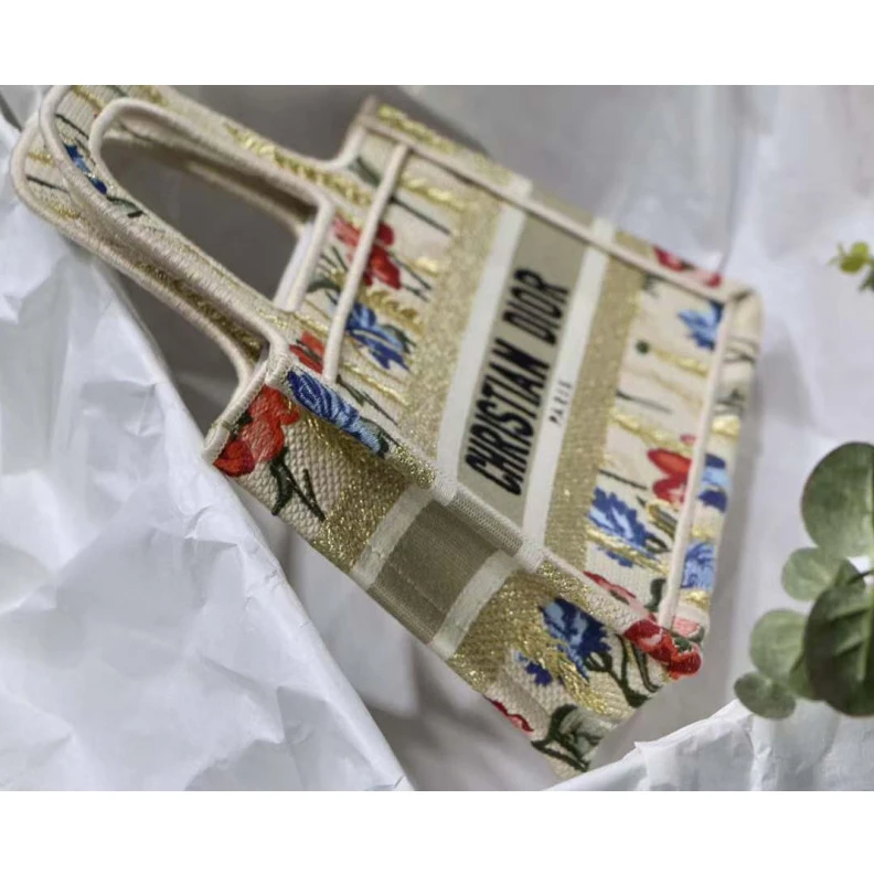 Replica valentino bags 'Christia Christian Dior Mini Book Tote Beige Multicolor Hibiscus Metallic Thread Embroidery