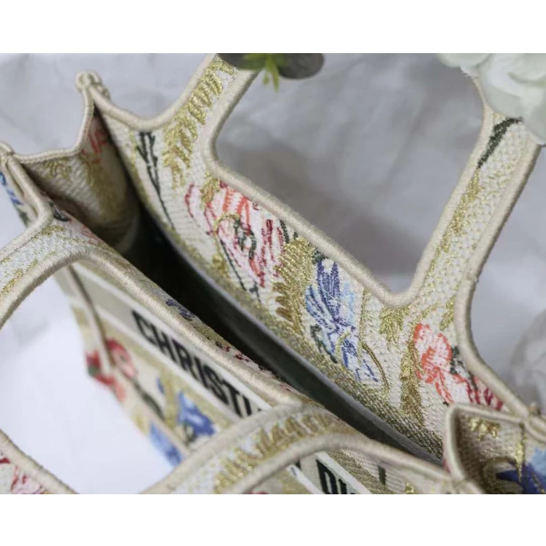 Replica valentino bags 'Christia Christian Dior Mini Book Tote Beige Multicolor Hibiscus Metallic Thread Embroidery