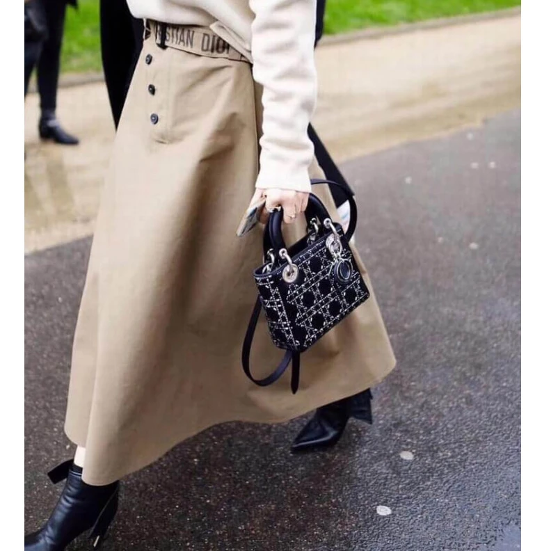 Shop shoulder bags Interior Christian Dior Mini Lady Dior Bag Black Calfskin with Platinum Beaded Cannage Embroidery