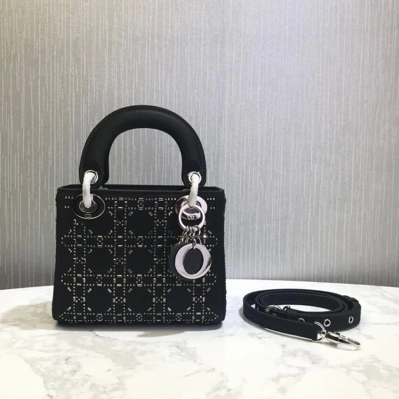 Interior Christian Dior Mini Lady Dior Bag Black Calfskin with Platinum Beaded Cannage Embroidery