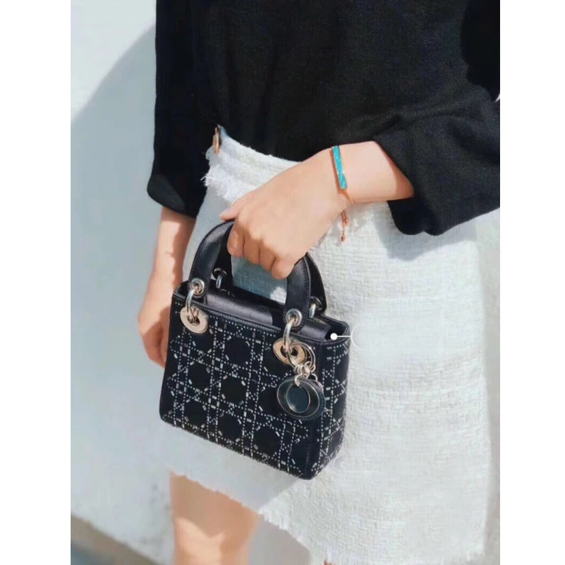 Shop shoulder bags Interior Christian Dior Mini Lady Dior Bag Black Calfskin with Platinum Beaded Cannage Embroidery