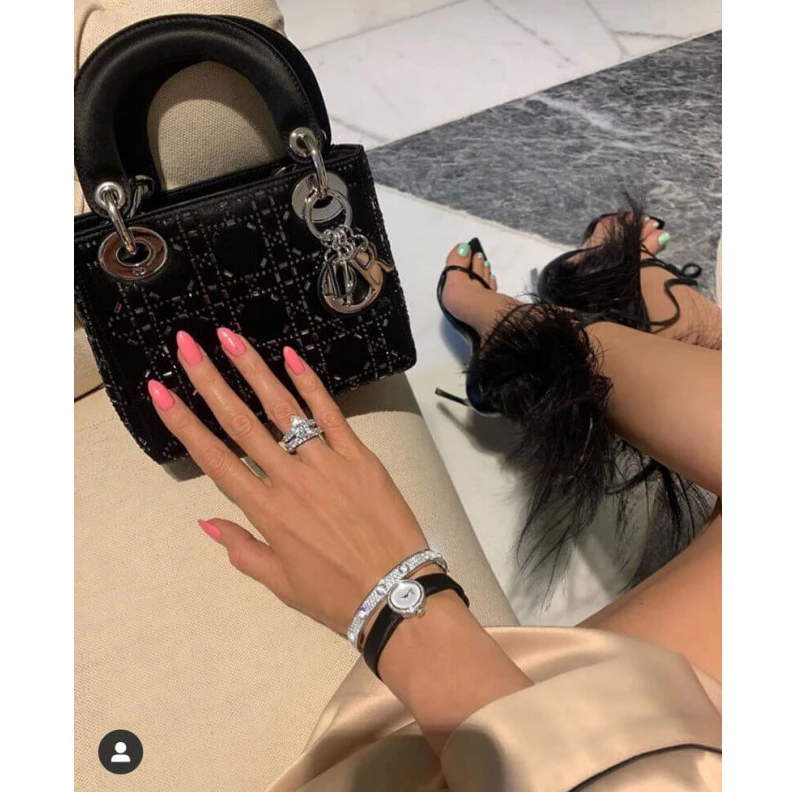 Shop shoulder bags Interior Christian Dior Mini Lady Dior Bag Black Calfskin with Platinum Beaded Cannage Embroidery