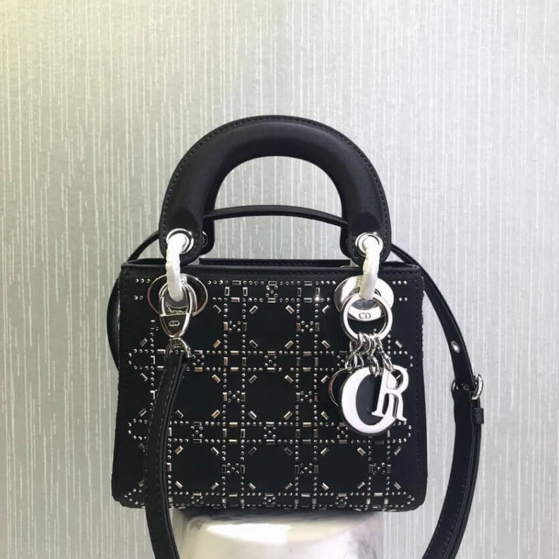 Shop shoulder bags Interior Christian Dior Mini Lady Dior Bag Black Calfskin with Platinum Beaded Cannage Embroidery