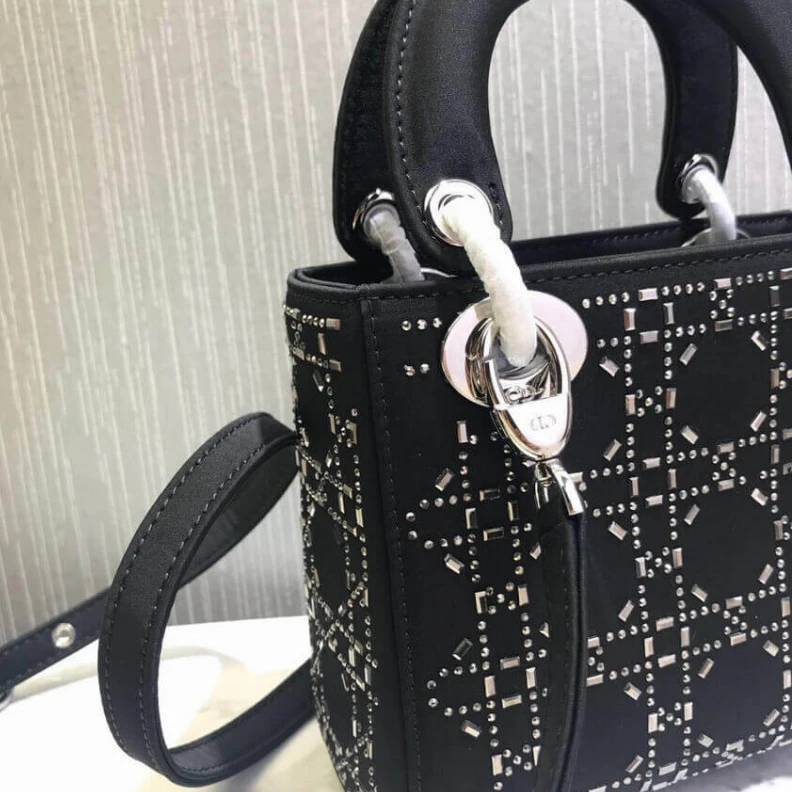 Shop shoulder bags Interior Christian Dior Mini Lady Dior Bag Black Calfskin with Platinum Beaded Cannage Embroidery