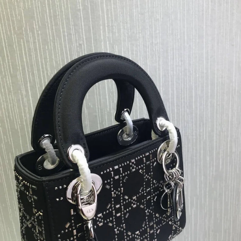 Shop shoulder bags Interior Christian Dior Mini Lady Dior Bag Black Calfskin with Platinum Beaded Cannage Embroidery