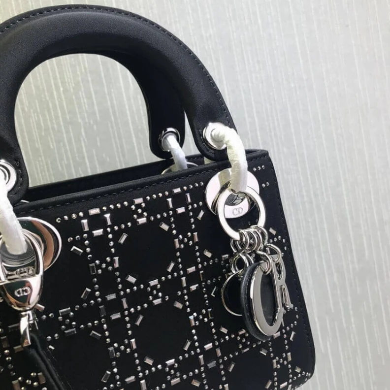 Shop shoulder bags Interior Christian Dior Mini Lady Dior Bag Black Calfskin with Platinum Beaded Cannage Embroidery