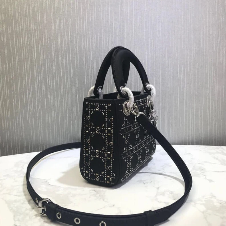 Shop shoulder bags Interior Christian Dior Mini Lady Dior Bag Black Calfskin with Platinum Beaded Cannage Embroidery