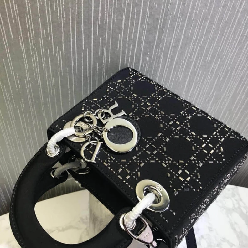 Shop shoulder bags Interior Christian Dior Mini Lady Dior Bag Black Calfskin with Platinum Beaded Cannage Embroidery