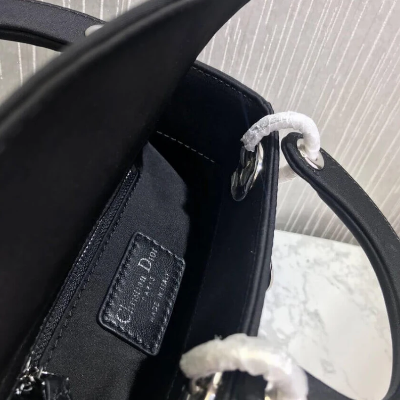 Shop shoulder bags Interior Christian Dior Mini Lady Dior Bag Black Calfskin with Platinum Beaded Cannage Embroidery
