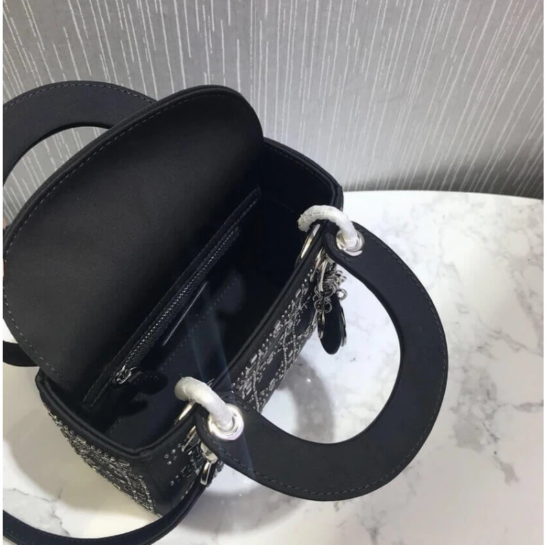 Shop shoulder bags Interior Christian Dior Mini Lady Dior Bag Black Calfskin with Platinum Beaded Cannage Embroidery