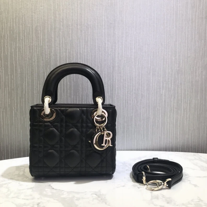 Removable Christian Dior Mini Lady Dior Bag Black Cannage Lambskin
