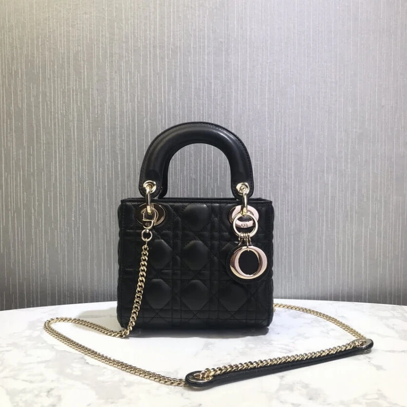 High quality replica bags Removable Christian Dior Mini Lady Dior Bag Black Cannage Lambskin