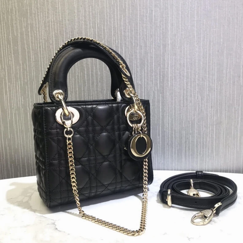 High quality replica bags Removable Christian Dior Mini Lady Dior Bag Black Cannage Lambskin