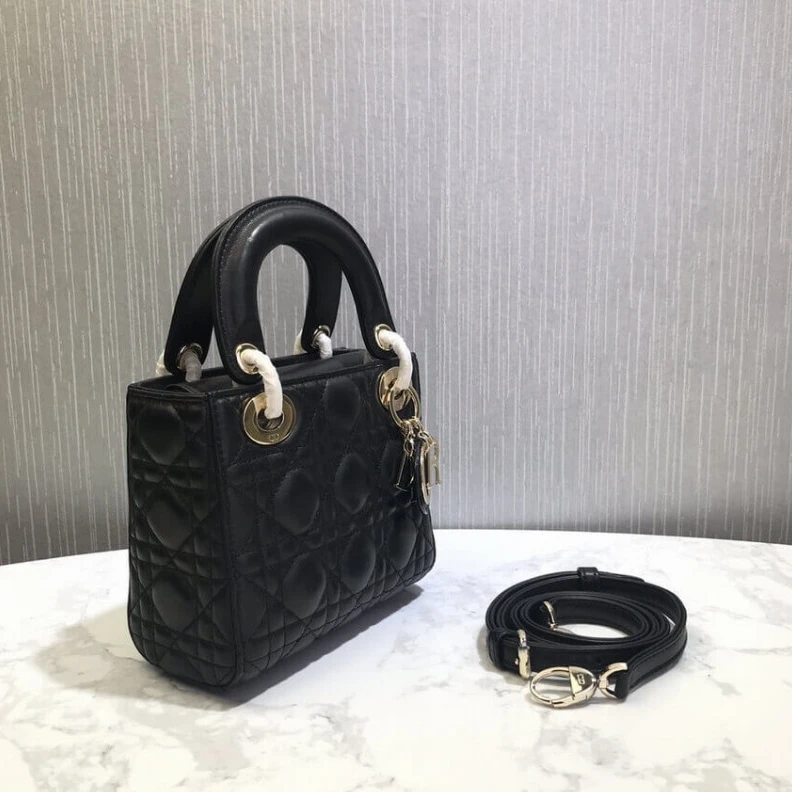 High quality replica bags Removable Christian Dior Mini Lady Dior Bag Black Cannage Lambskin