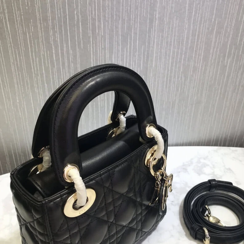 High quality replica bags Removable Christian Dior Mini Lady Dior Bag Black Cannage Lambskin