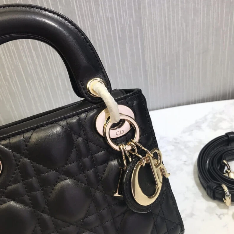 High quality replica bags Removable Christian Dior Mini Lady Dior Bag Black Cannage Lambskin