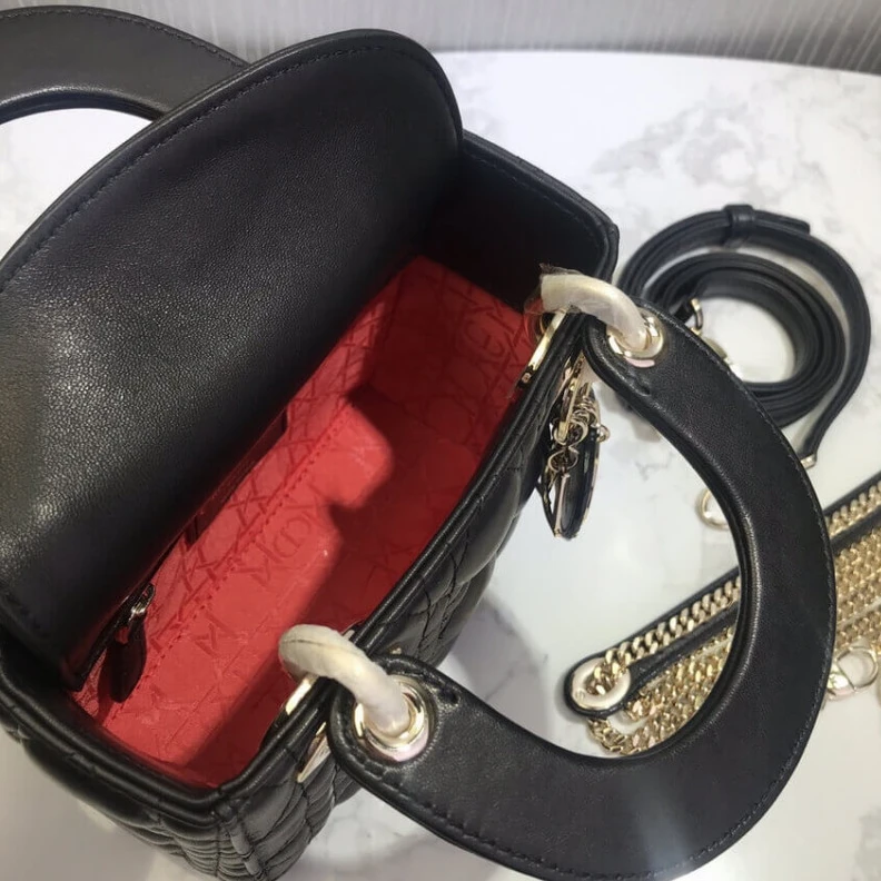 High quality replica bags Removable Christian Dior Mini Lady Dior Bag Black Cannage Lambskin
