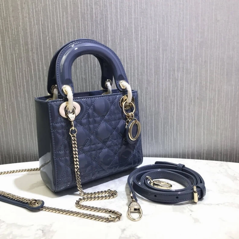 The bag m Christian Dior Mini Lady Dior Bag Blue Patent Cannage Calfskin