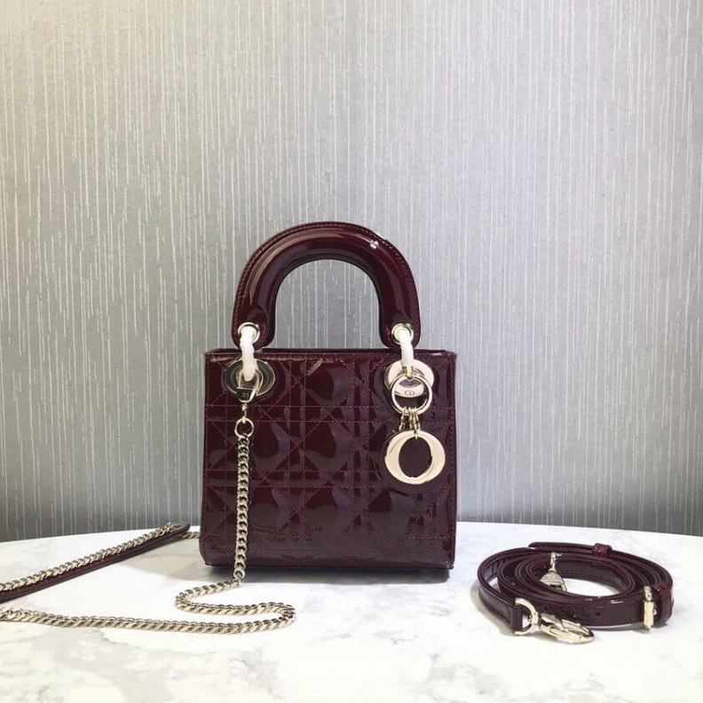 Removable Christian Dior Mini Lady Dior Bag Burgundy Patent Cannage Calfskin